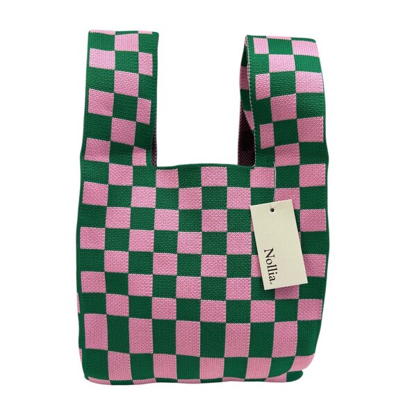 Wrist Tote Bag - 100% Polyester- Green Pink Checkers / Gingham - NWT - Picture 1 of 10